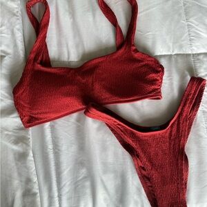 Aerie Red Textured Bra Set